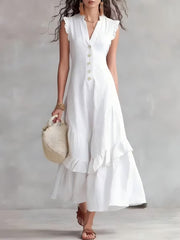 Elegant Ruffle Maxi Cotton Linen Dress | Tracked Shipping