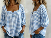 Effortless Plaid Cotton Linen Blouse | Tracked Shipping