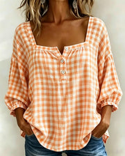Effortless Plaid Cotton Linen Blouse | Tracked Shipping