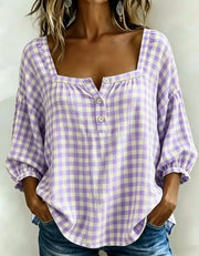 Effortless Plaid Cotton Linen Blouse | Tracked Shipping