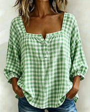 Effortless Plaid Cotton Linen Blouse | Tracked Shipping
