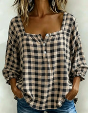 Effortless Plaid Cotton Linen Blouse | Tracked Shipping