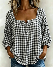 Effortless Plaid Cotton Linen Blouse | Tracked Shipping