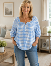 Effortless Plaid Cotton Linen Blouse | Tracked Shipping