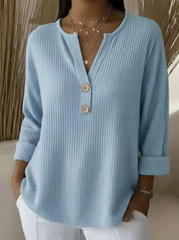 Waffle Knit Button V-Neck Top | Tracked Shipping