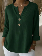 Waffle Knit Button V-Neck Top | Tracked Shipping