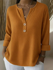 Waffle Knit Button V-Neck Top | Tracked Shipping