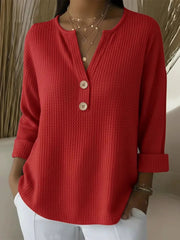 Waffle Knit Button V-Neck Top | Tracked Shipping