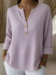 Waffle Knit Button V-Neck Top | Tracked Shipping