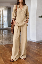FLASH SALE - Effortless V-Neck Blouse & Wide Leg Pants Set | Tracked Shipping