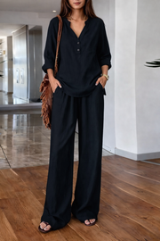 FLASH SALE - Effortless V-Neck Blouse & Wide Leg Pants Set | Tracked Shipping
