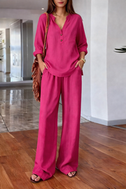 FLASH SALE - Effortless V-Neck Blouse & Wide Leg Pants Set | Tracked Shipping