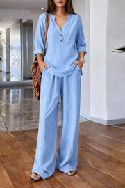 FLASH SALE - Effortless V-Neck Blouse & Wide Leg Pants Set | Tracked Shipping