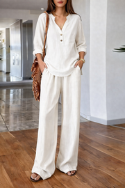 FLASH SALE - Effortless V-Neck Blouse & Wide Leg Pants Set | Tracked Shipping