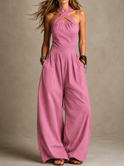 Cross-Neck Halter Wide-Leg Jumpsuit | Tracked Shipping